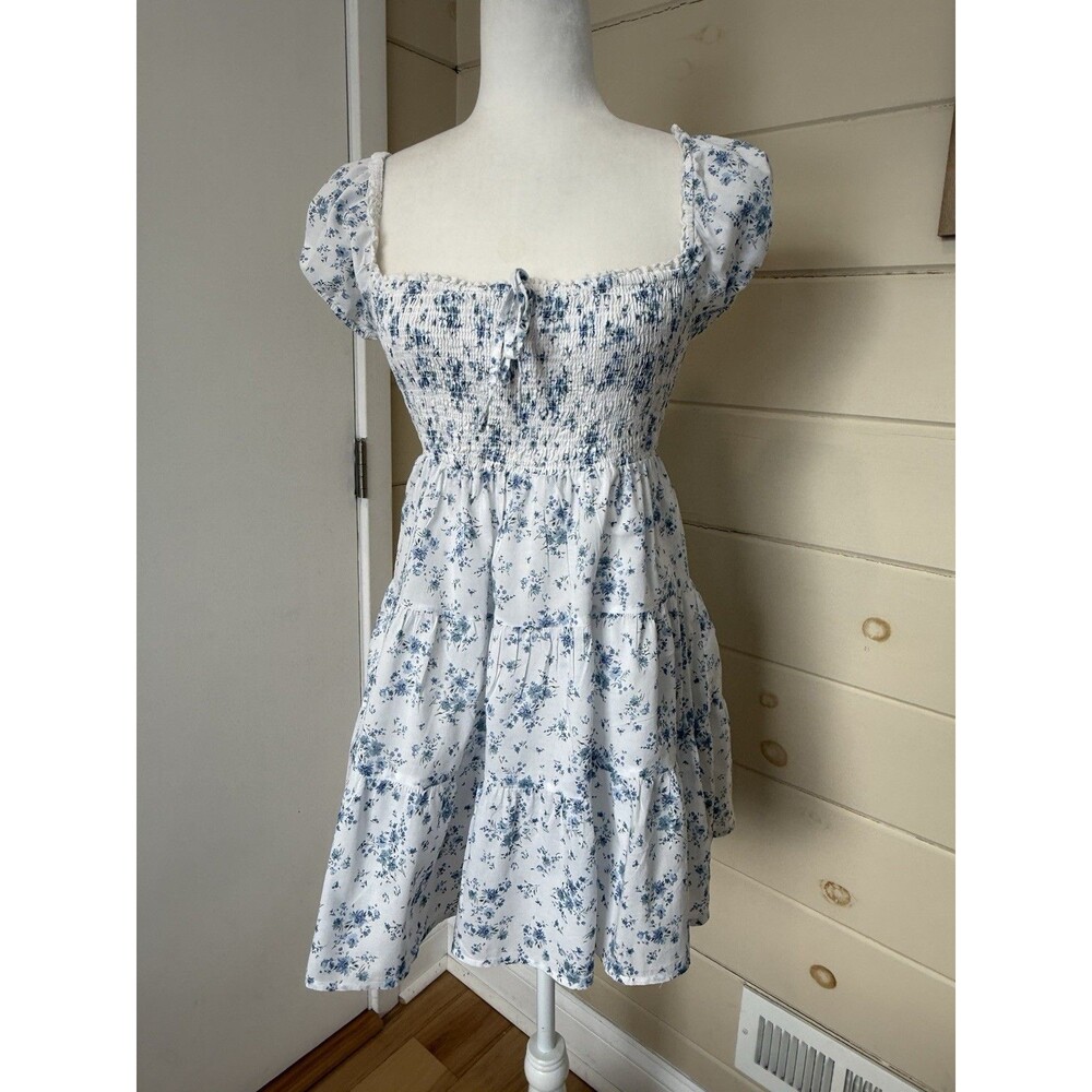 Garage Floral White and Blue Smocked Midi Sundress S Ruffled Sleeves Cottagecore